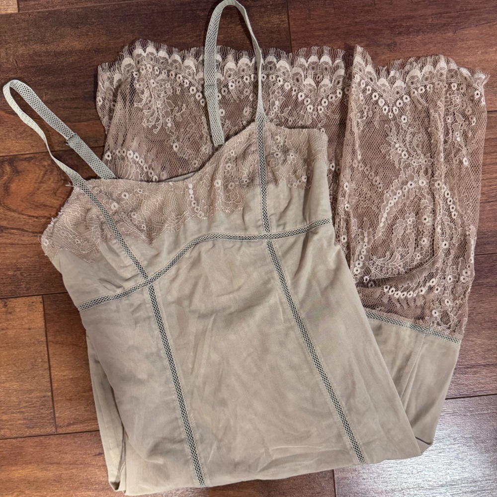 BCBGMaxAzria Lace Trim Chemise in Taupe and Beige